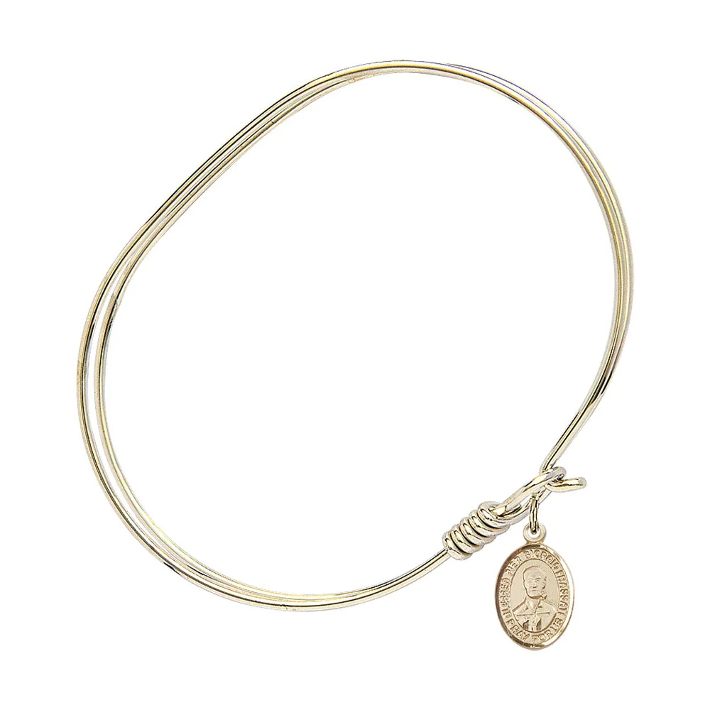 Adult 7" Oval Gold Plated Bangle Bracelet with Blessed Pier Giorgio Frassati Medal Charm - Image 2