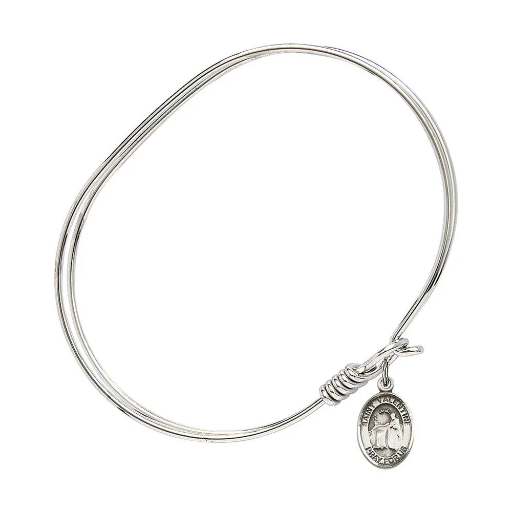 Adult 7" Oval Oval Rhodium Plated Bangle Bracelet with St. Valentine of Rome Medal Charm - Image 2