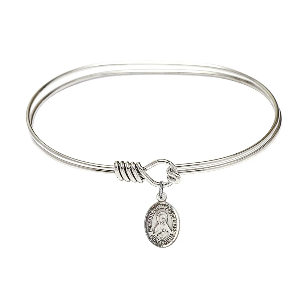 Adult 7" Oval Rhodium Plated Bangle Bracelet with Immaculate Heart of Mary Charm