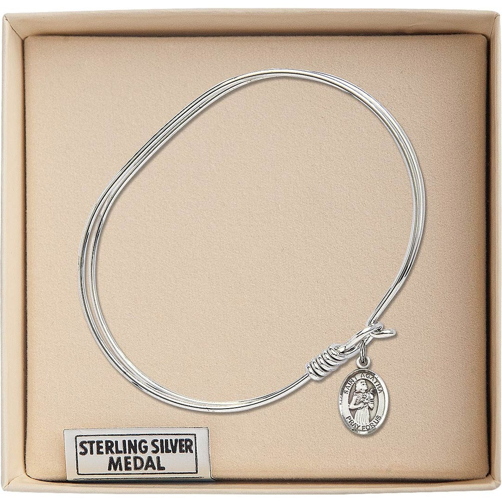 Adult 7" Oval  Rhodium Plated Bangle Bracelet with St. Agatha Medal Charm - Image 2