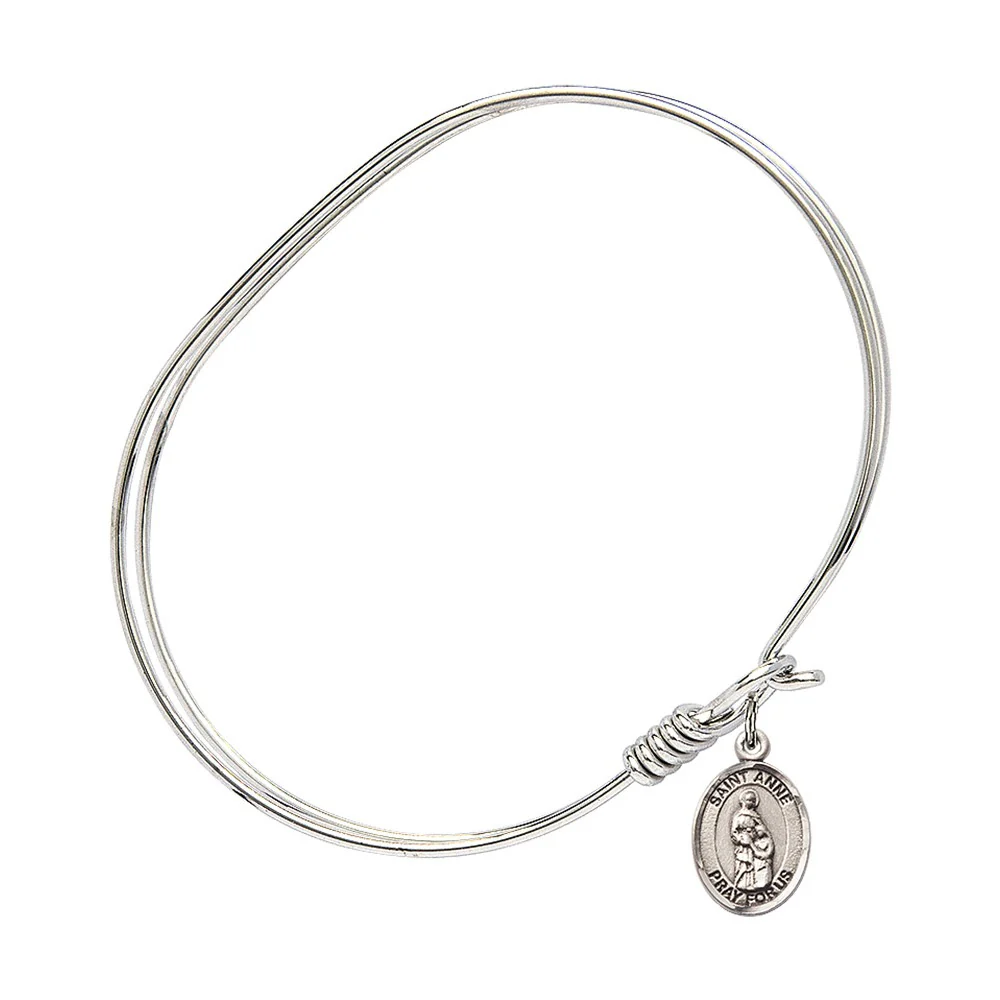 Adult 7" Oval  Rhodium Plated Bangle Bracelet with St. Anne Medal Charm - Image 2