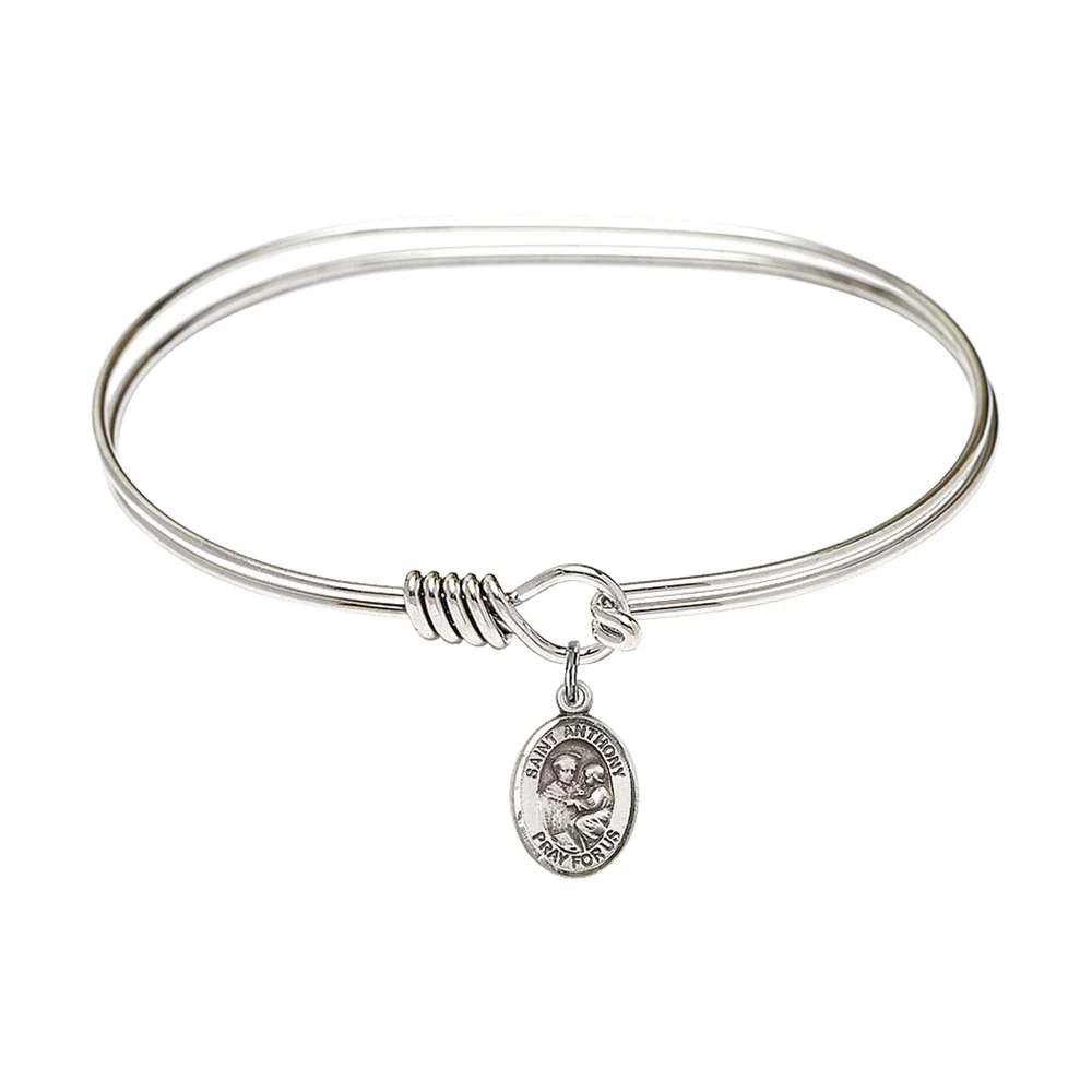 Adult 7" Oval Rhodium Plated Bangle Bracelet with St. Anthony of Padua Medal Charm