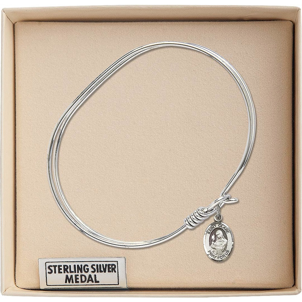 Adult 7" Oval Rhodium Plated Bangle Bracelet with St. Clare of Assisi Medal Charm - Image 3