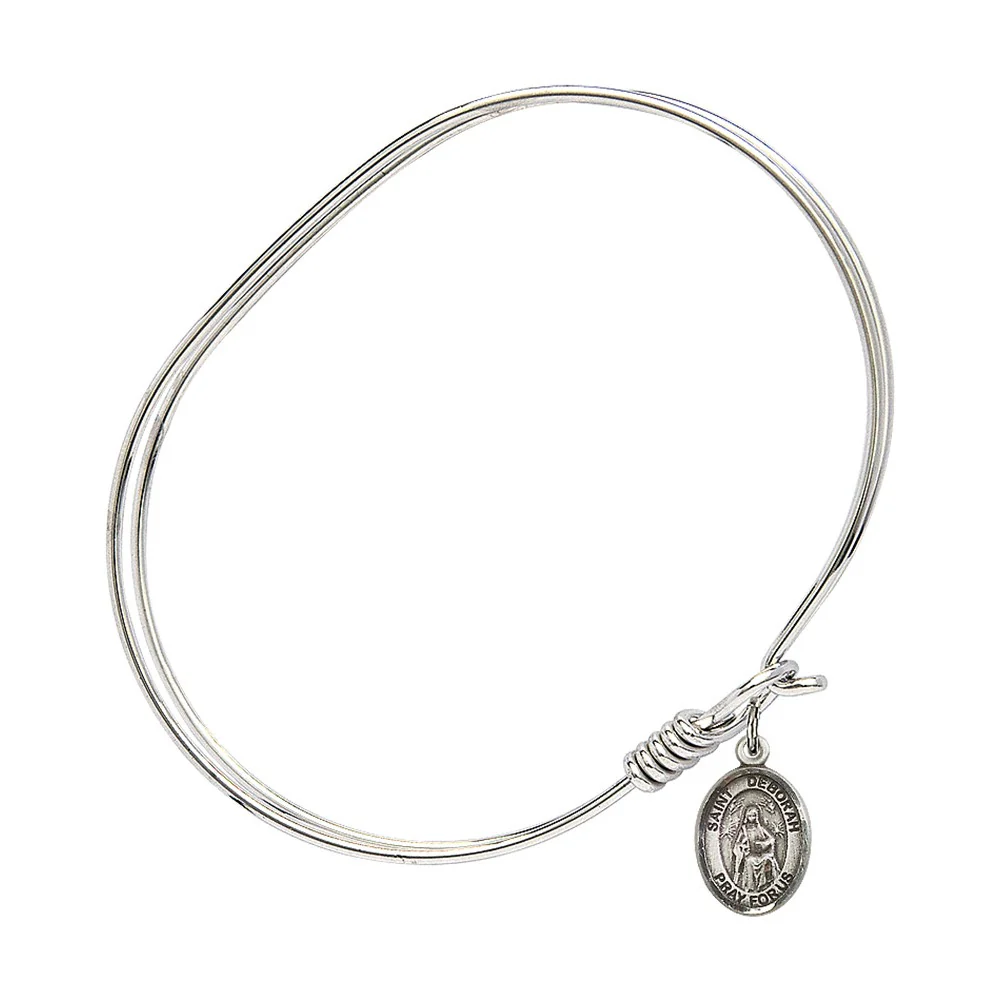 Adult 7" Oval  Rhodium Plated Bangle Bracelet with St. Deborah Medal Charm - Image 3