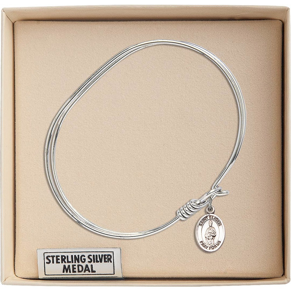 Adult 7" Oval  Rhodium Plated Bangle Bracelet with St. Eligius Medal Charm - Image 3