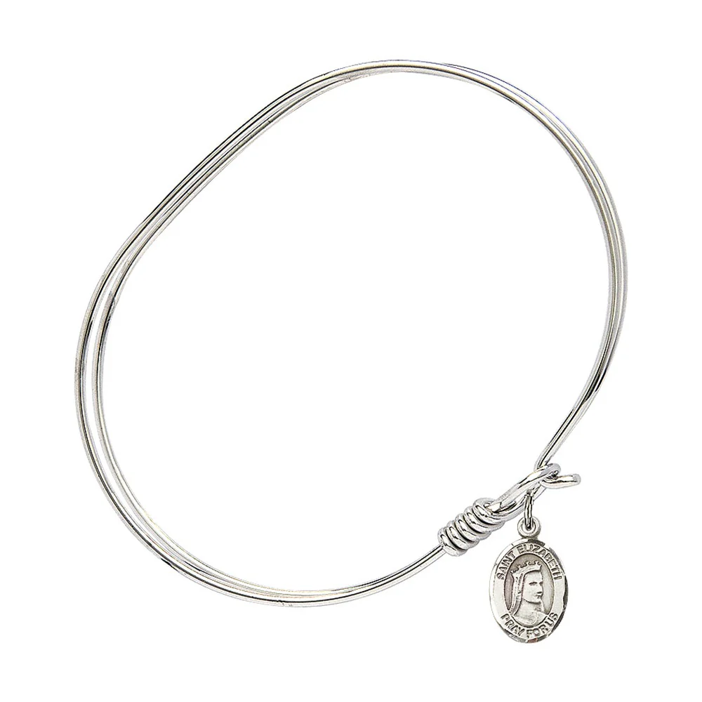 Adult 7" Oval Rhodium Plated Bangle Bracelet with St. Elizabeth of Hungary Medal Charm - Image 3