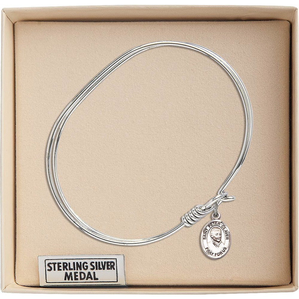 Adult 7" Oval  Rhodium Plated Bangle Bracelet with St. Peter Claver Medal Charm - Image 3