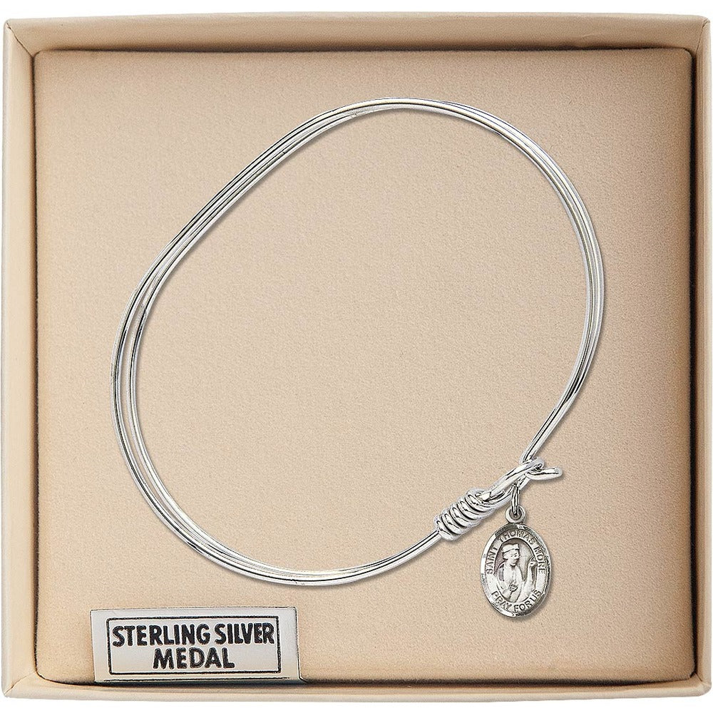 Adult 7" Oval  Rhodium Plated Bangle Bracelet with St. Thomas More Medal Charm - Image 3