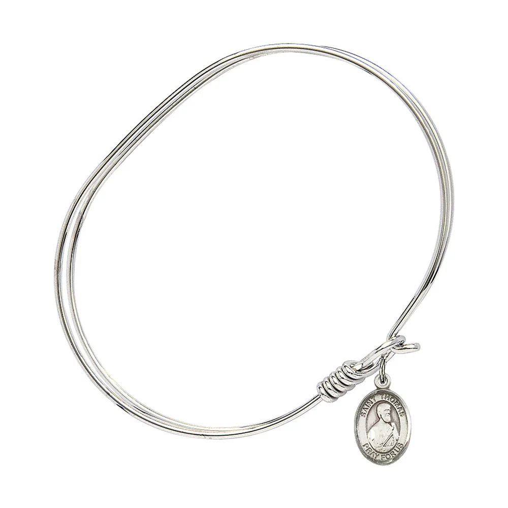 Adult 7" Oval Rhodium Plated Bangle Bracelet with St. Thomas the Apostle Medal Charm - Image 2