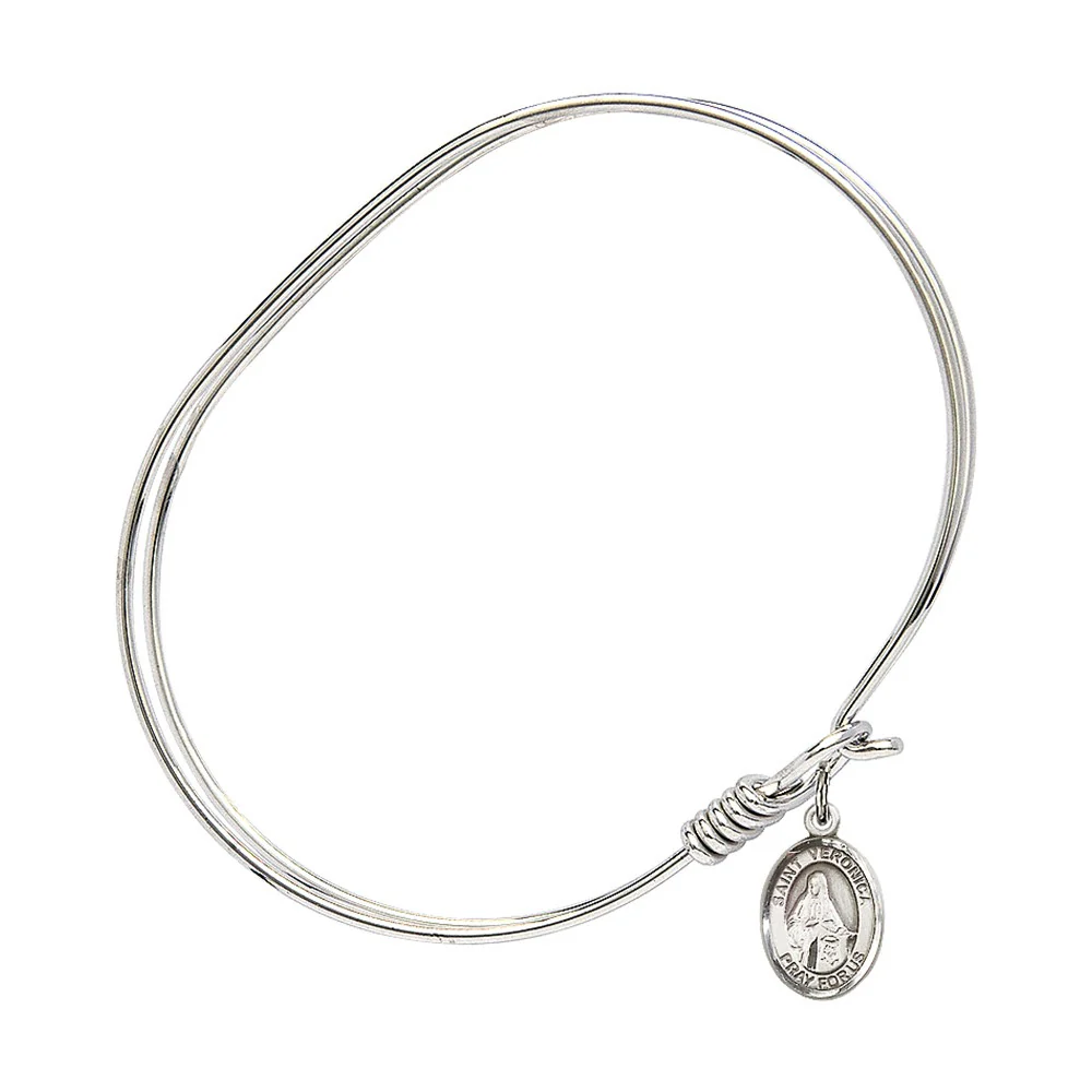 Adult 7" Oval  Rhodium Plated Bangle Bracelet with St. Veronica Medal Charm - Image 2