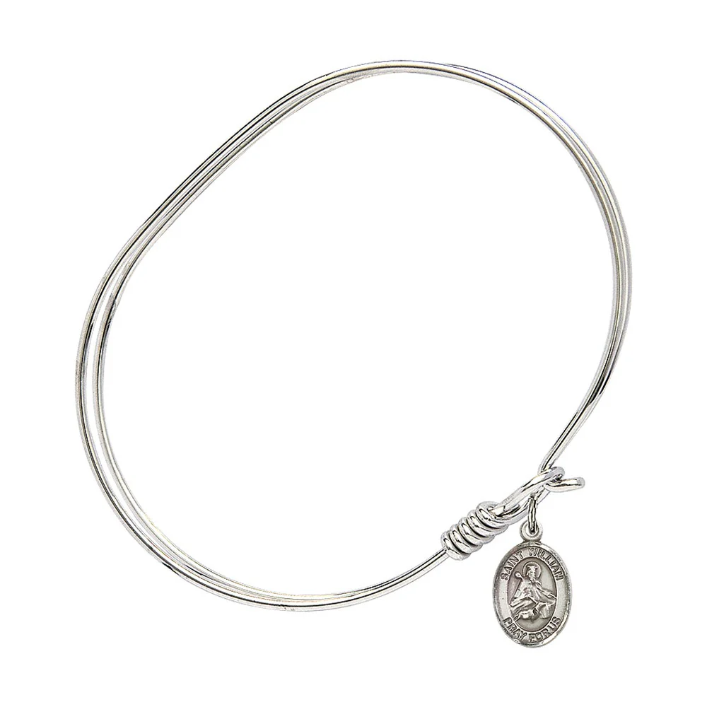 Adult 7" Oval  Rhodium Plated Bangle Bracelet with St. William of Rochester Medal Charm - Image 2