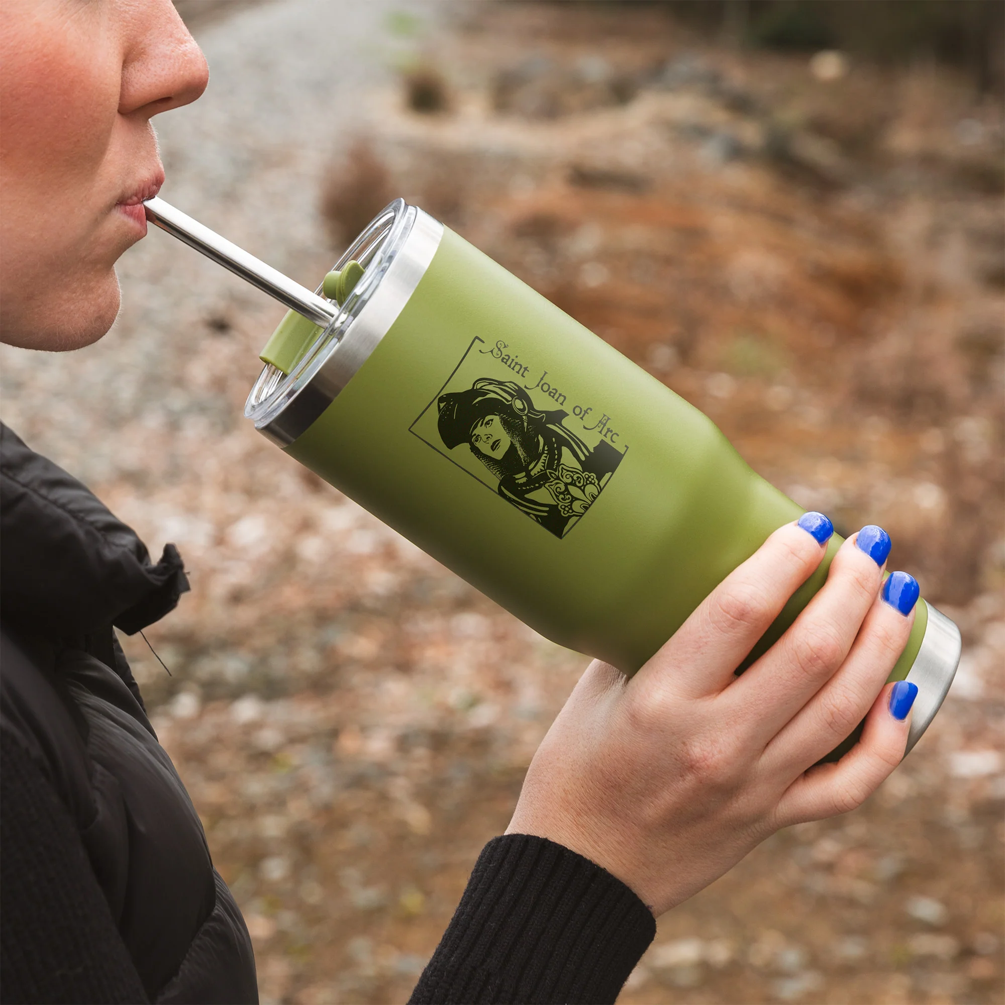 Green St. Joan of Arc Stainless Steel Tumbler with Straw - Image 2