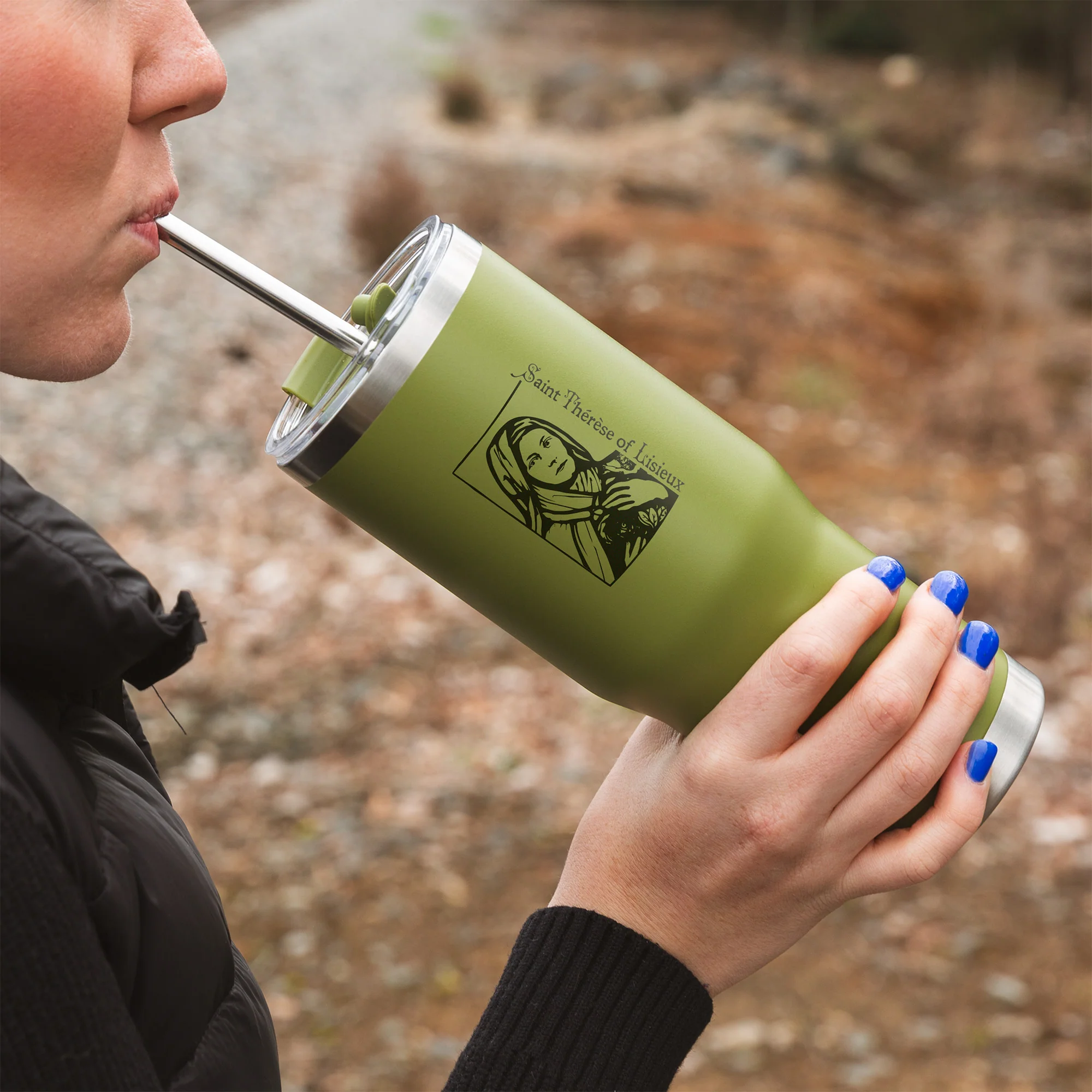 Green St. Thérèse Stainless Steel Tumbler with Straw - Image 5