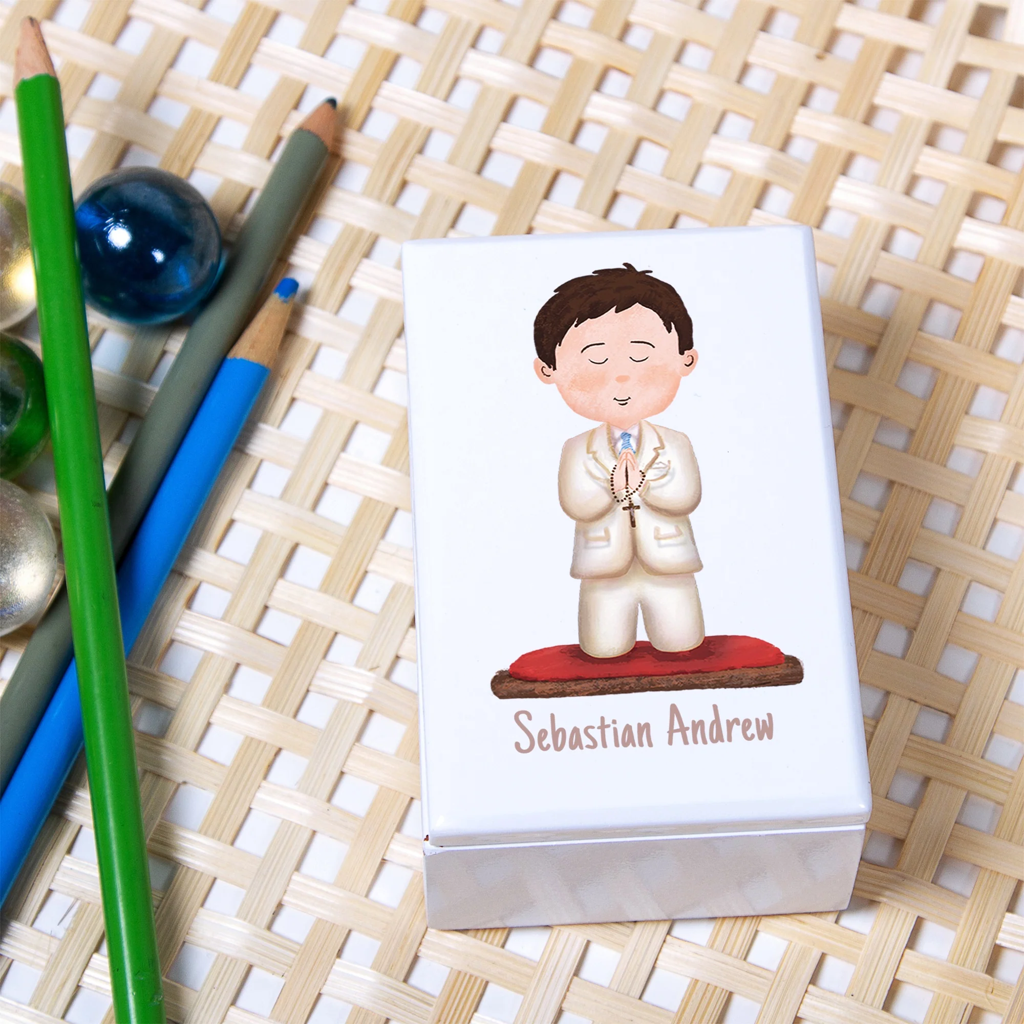Personalized First Communion White Keepsake Box for Boys - Image 3
