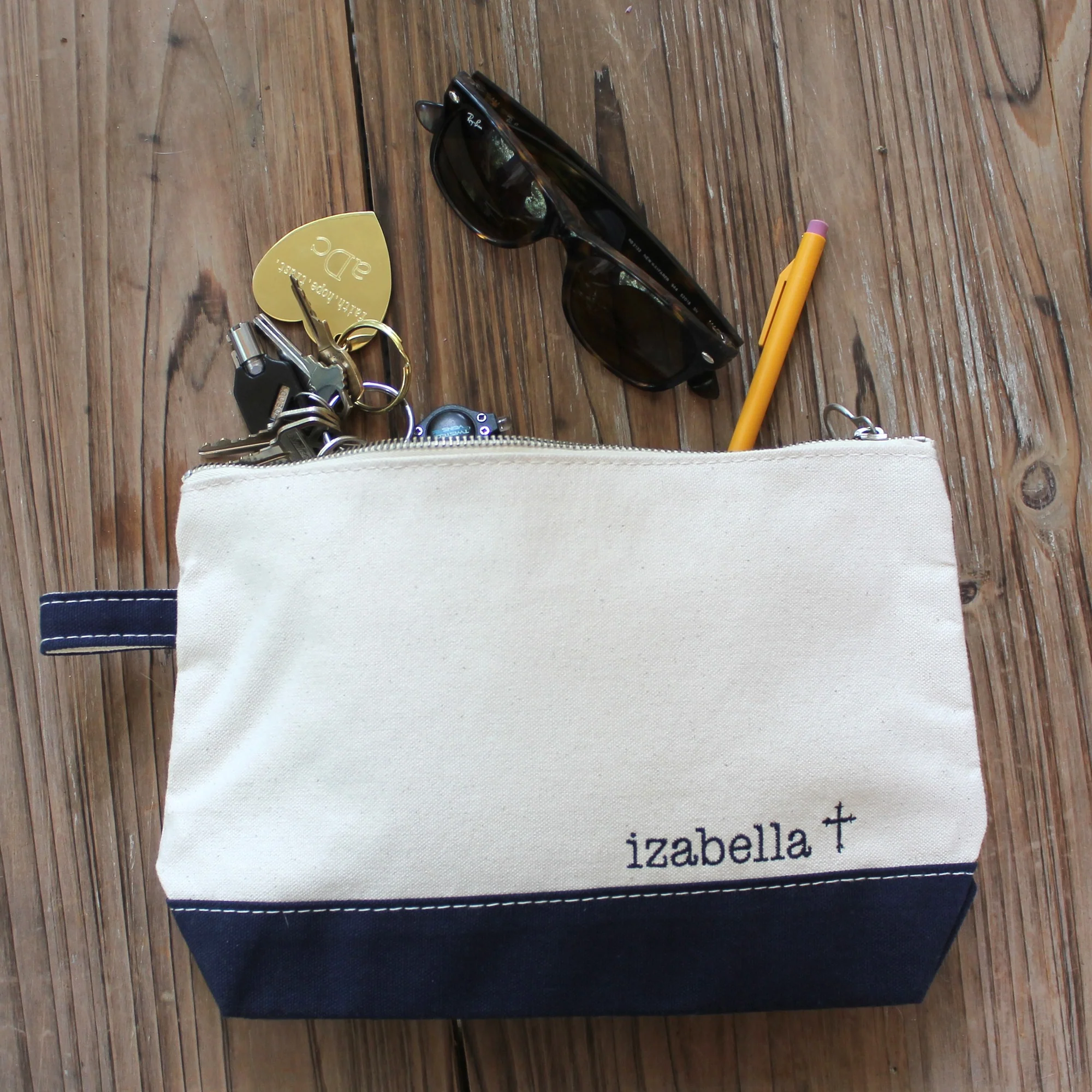 Personalized Natural & Navy Cross Zip Pouch - Image 4