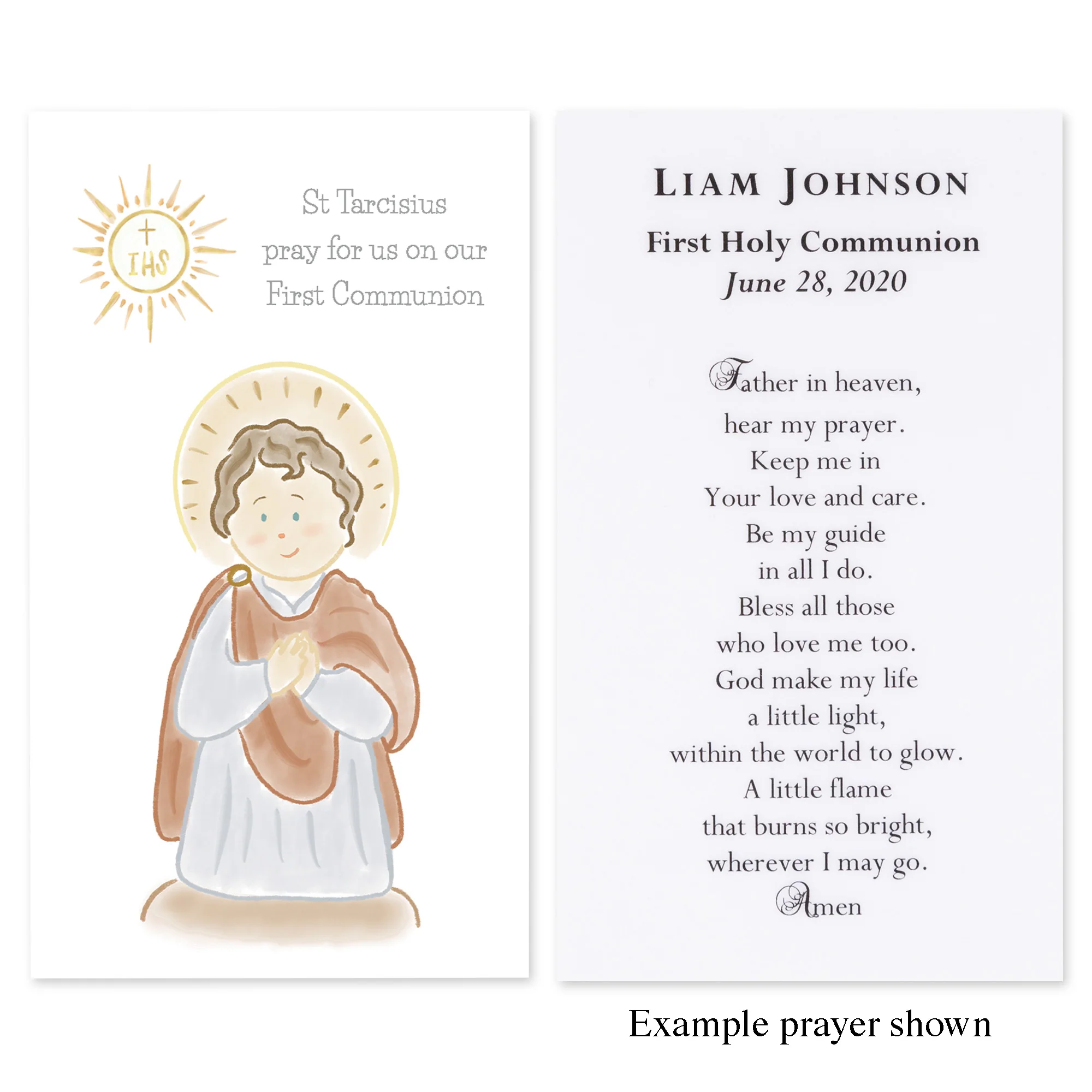 Laminated Personalized St. Tarcisius First Communion Prayer Card - Image 2