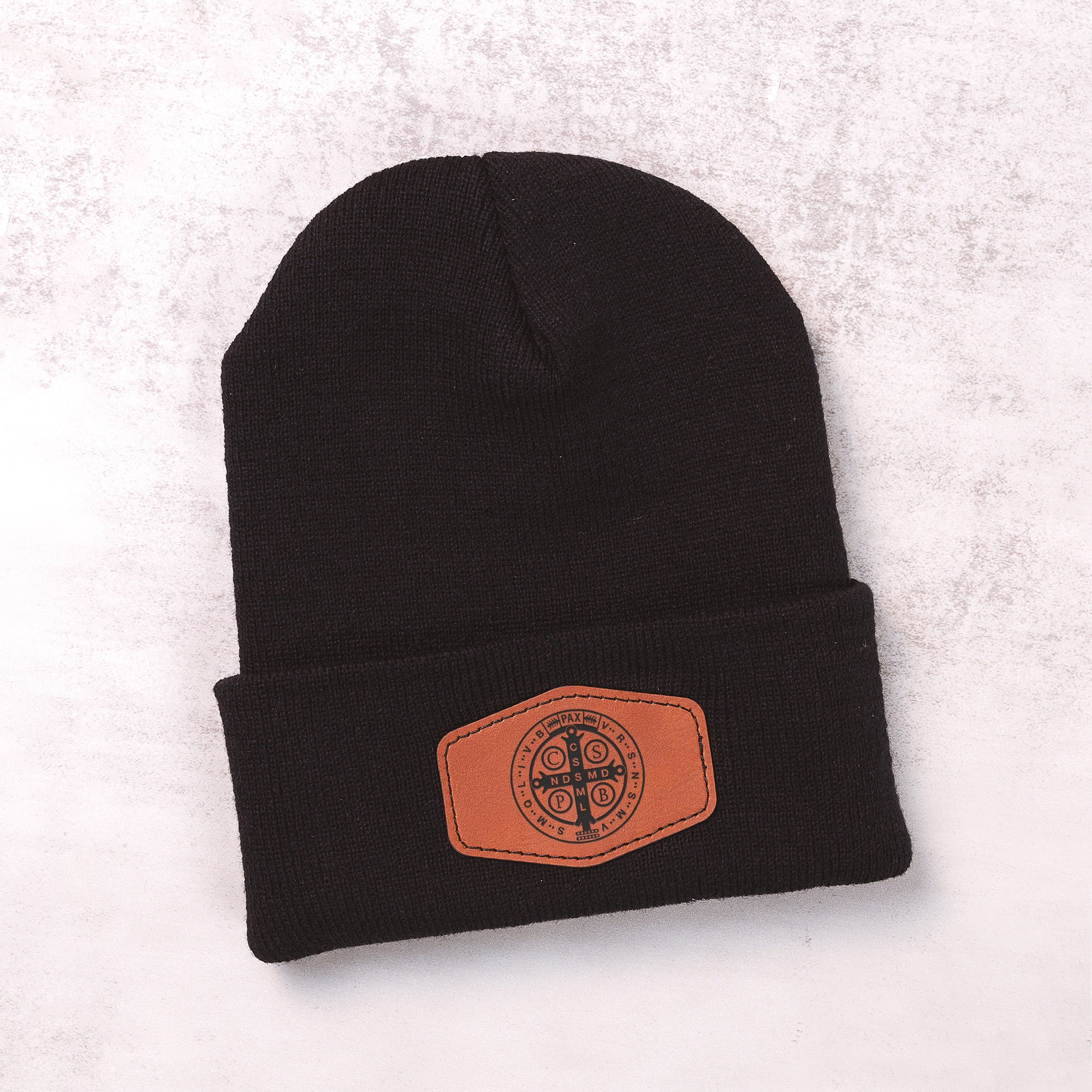 St. Benedict Leather Patch Beanie - Image 2