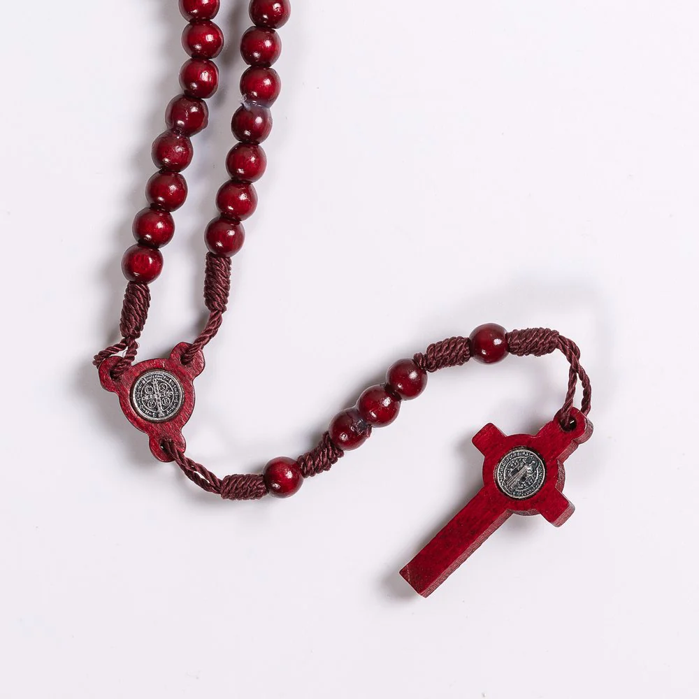 St. Benedict Mahogany Red Wood Bead Rosary - Image 3